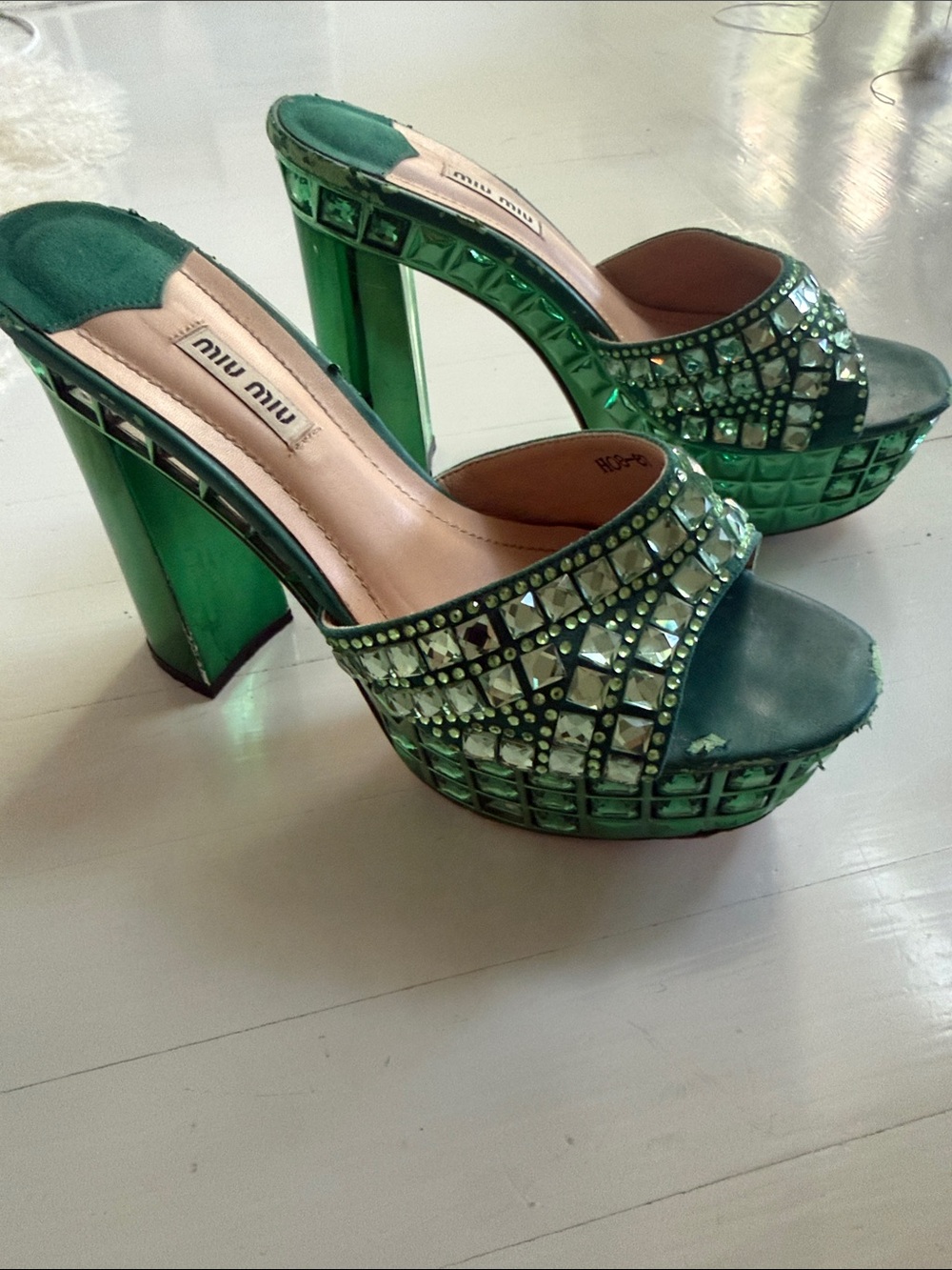 RARE Archival Miu Miu Green Crystal Mirrored Platform Mules Size 38